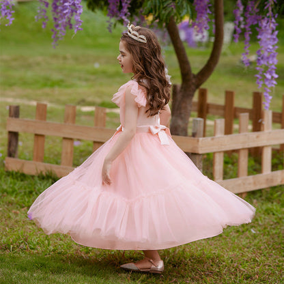 Robe Princesse Col en V Manches Volantes pour Petite Fille d'Honneur avec Ceinture