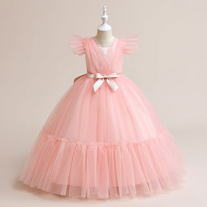 Robe Princesse Col en V Manches Volantes pour Petite Fille d'Honneur avec Ceinture