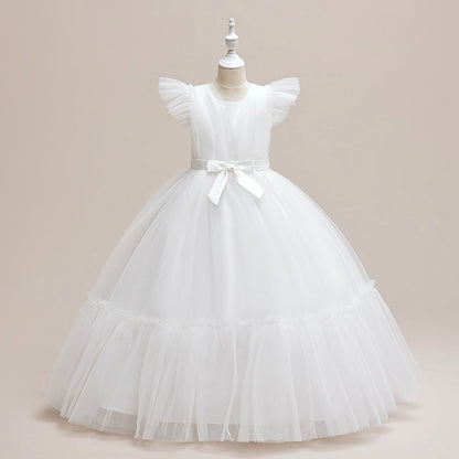 Robe Princesse Col en V Manches Volantes pour Petite Fille d'Honneur avec Ceinture