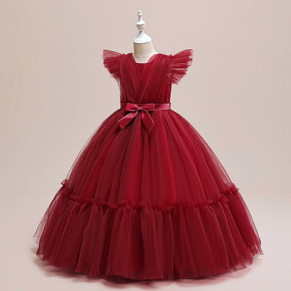 Robe Princesse Col en V Manches Volantes pour Petite Fille d'Honneur avec Ceinture