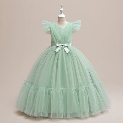 Robe Princesse Col en V Manches Volantes pour Petite Fille d'Honneur avec Ceinture