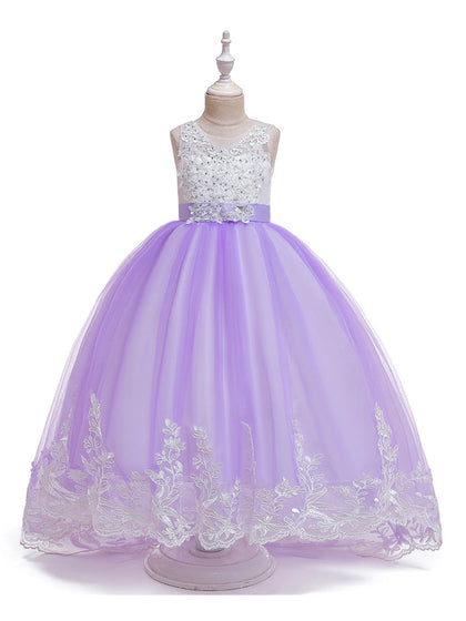 Robe Princesse Col Rond sans Manches pour Petite Fille d'Honneur avec Appliques