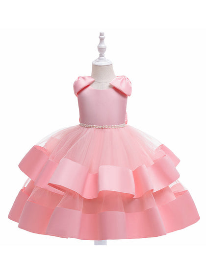 Robe Princesse Col Rond Volants pour Petite Fille d'Honneur avec Perles