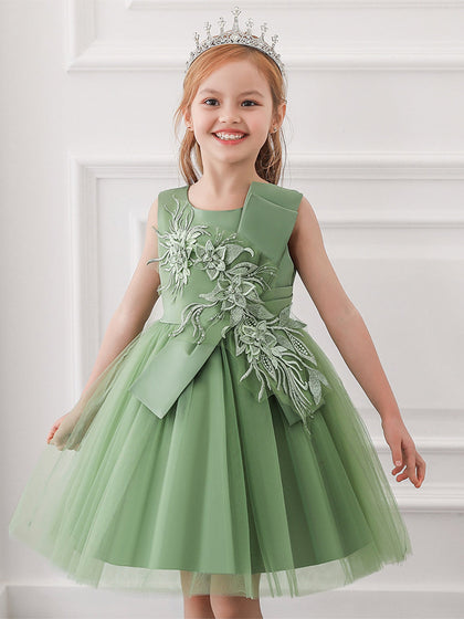 Robe Princesse Col Rond pour Petite Fille d'Honneur avec Appliques