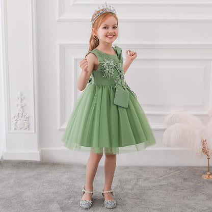 Robe Princesse Col Rond pour Petite Fille d'Honneur avec Appliques