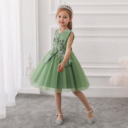 Robe Princesse Col Rond pour Petite Fille d'Honneur avec Appliques