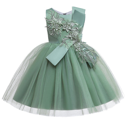 Robe Princesse Col Rond pour Petite Fille d'Honneur avec Appliques