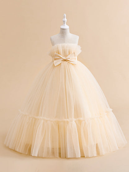 Robe Princesse Col Illusion Col Rond pour Petite Fille d'Honneur avec Nœud