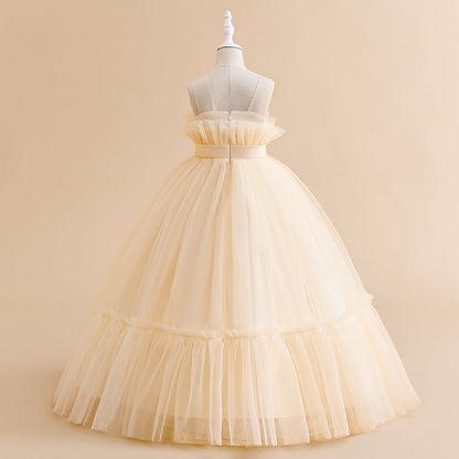 Robe Princesse Col Illusion Col Rond pour Petite Fille d'Honneur avec Nœud