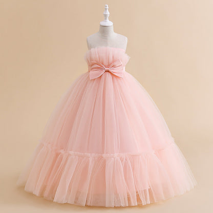 Robe Princesse Col Illusion Col Rond pour Petite Fille d'Honneur avec Nœud