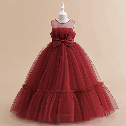 Robe Princesse Col Illusion Col Rond pour Petite Fille d'Honneur avec Nœud