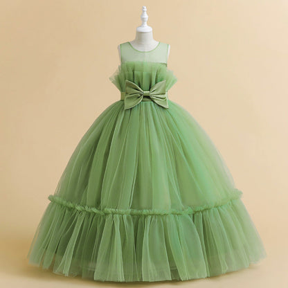 Robe Princesse Col Illusion Col Rond pour Petite Fille d'Honneur avec Nœud