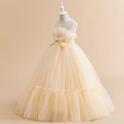 Robe Princesse Col Illusion Col Rond pour Petite Fille d'Honneur avec Nœud