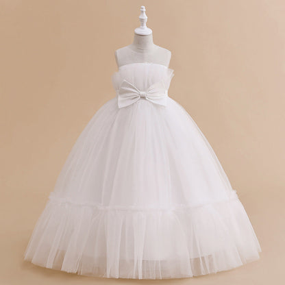 Robe Princesse Col Illusion Col Rond pour Petite Fille d'Honneur avec Nœud