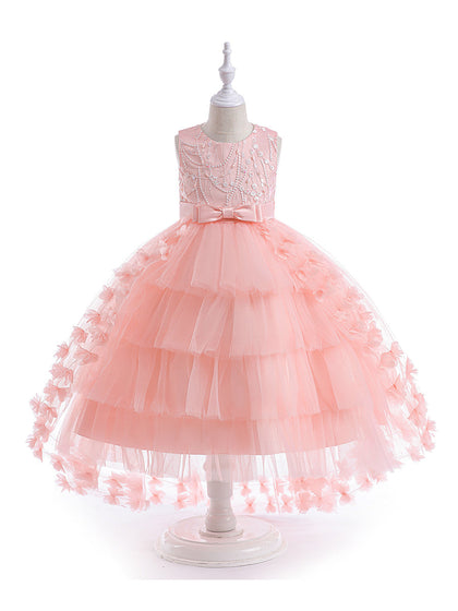 Robe Princesse Col Rond Brodée Volants pour Petite Fille d'Honneur avec Ceinture