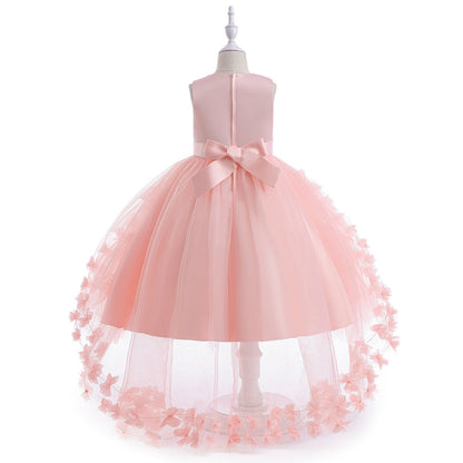 Robe Princesse Col Rond Brodée Volants pour Petite Fille d'Honneur avec Ceinture