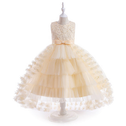 Robe Princesse Col Rond Brodée Volants pour Petite Fille d'Honneur avec Ceinture