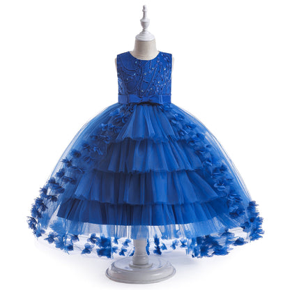 Robe Princesse Col Rond Brodée Volants pour Petite Fille d'Honneur avec Ceinture