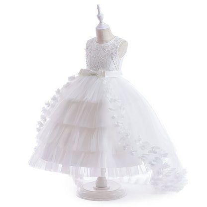 Robe Princesse Col Rond Brodée Volants pour Petite Fille d'Honneur avec Ceinture