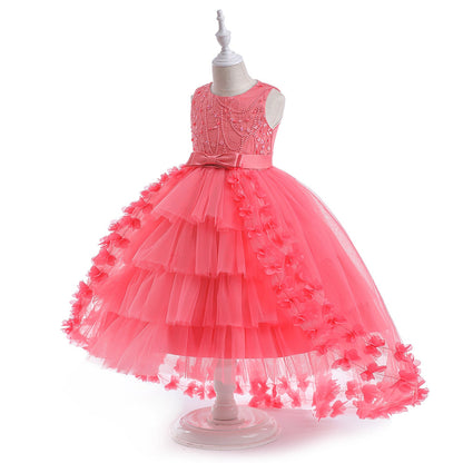 Robe Princesse Col Rond Brodée Volants pour Petite Fille d'Honneur avec Ceinture