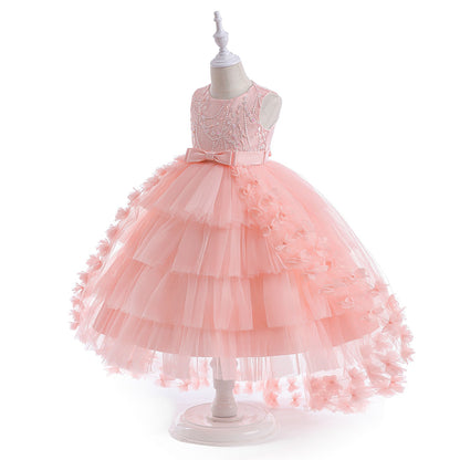 Robe Princesse Col Rond Brodée Volants pour Petite Fille d'Honneur avec Ceinture