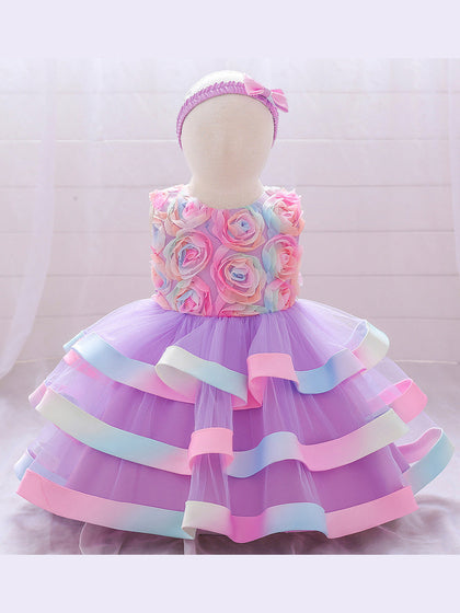 Robe Princesse Col Rond sans Manches pour Petite Fille d'Honneur avec Ceinture