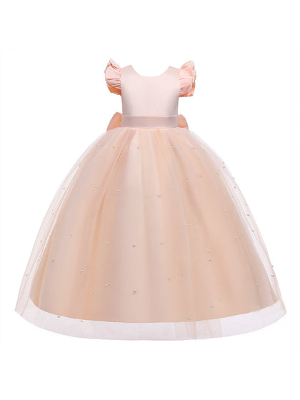 Robe Princesse Col Rond Manches Volantes pour Petite Fille d'Honneur avec Perles