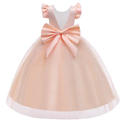 Robe Princesse Col Rond Manches Volantes pour Petite Fille d'Honneur avec Perles