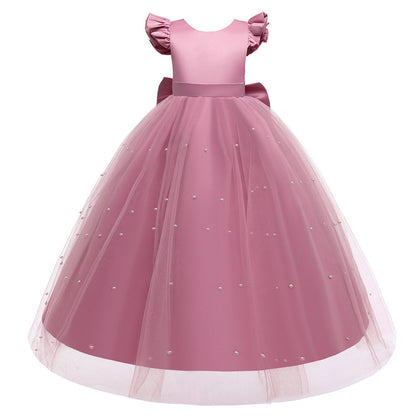 Robe Princesse Col Rond Manches Volantes pour Petite Fille d'Honneur avec Perles