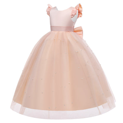 Robe Princesse Col Rond Manches Volantes pour Petite Fille d'Honneur avec Perles