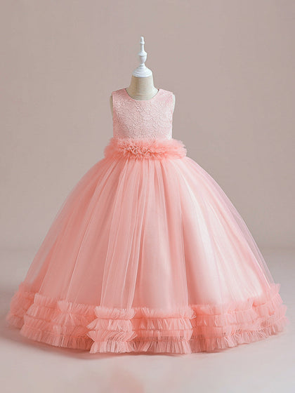 Robe Princesse Col Rond sans Manches pour Petite Fille d'Honneur avec Appliques