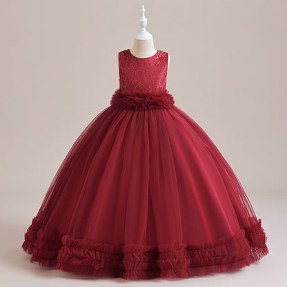 Robe Princesse Col Rond sans Manches pour Petite Fille d'Honneur avec Appliques