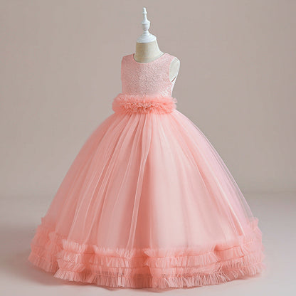 Robe Princesse Col Rond sans Manches pour Petite Fille d'Honneur avec Appliques