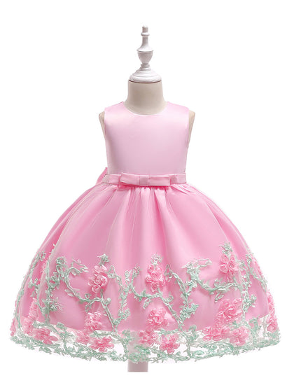 Robe Princesse Col Rond sans Manches pour Petite Fille d'Honneur avec Fleur Solide