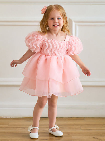 Robe Princesse Col Rond Manches Bouffantes pour Petite Fille d'Honneur avec Volants