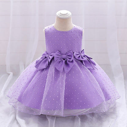 Robe Princesse Col Rond sans Manches pour Petite Fille d'Honneur avec Nœud