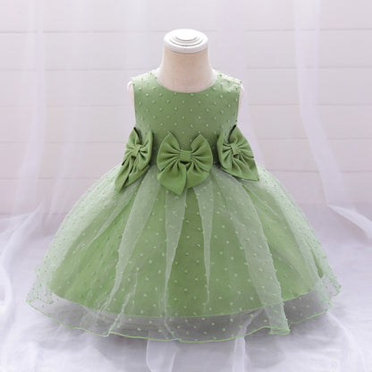 Robe Princesse Col Rond sans Manches pour Petite Fille d'Honneur avec Nœud