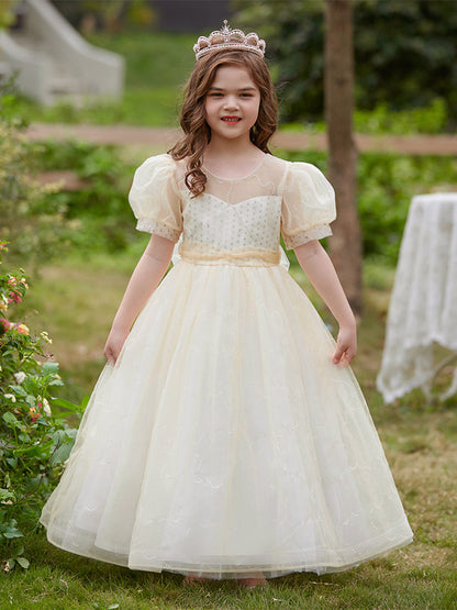 Robe Princesse Col Rond Manches Bouffantes pour Petite Fille d'Honneur avec Sequins