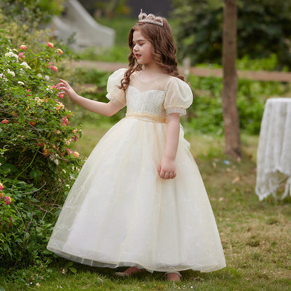 Robe Princesse Col Rond Manches Bouffantes pour Petite Fille d'Honneur avec Sequins