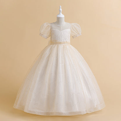 Robe Princesse Col Rond Manches Bouffantes pour Petite Fille d'Honneur avec Sequins