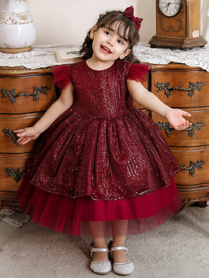 Robe Princesse Col Rond Manches Volantes Robe De Noël avec Sequins pour Filles