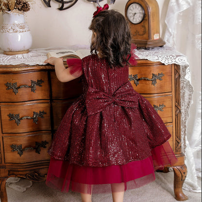 Robe Princesse Col Rond Manches Volantes Robe De Noël avec Sequins pour Filles