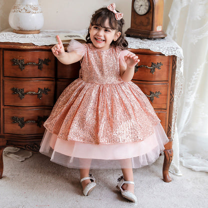 Robe Princesse Col Rond Manches Volantes Robe De Noël avec Sequins pour Filles