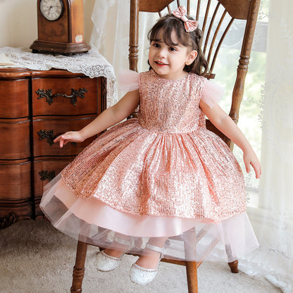 Robe Princesse Col Rond Manches Volantes Robe De Noël avec Sequins pour Filles