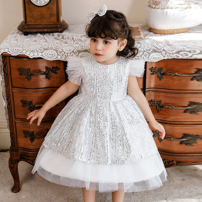 Robe Princesse Col Rond Manches Volantes Robe De Noël avec Sequins pour Filles