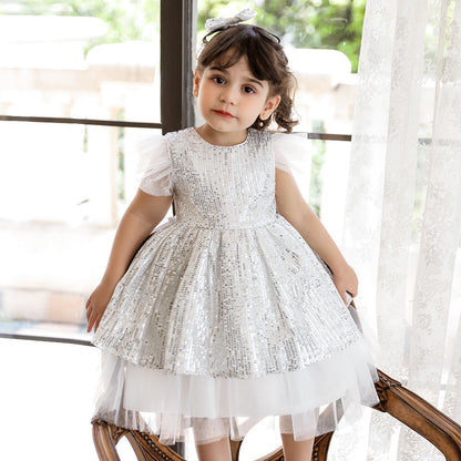 Robe Princesse Col Rond Manches Volantes Robe De Noël avec Sequins pour Filles