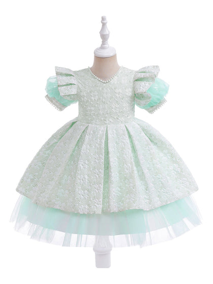 Robe Princesse Col en V Manches Bouffantes pour Petite Fille d'Honneur avec Perles