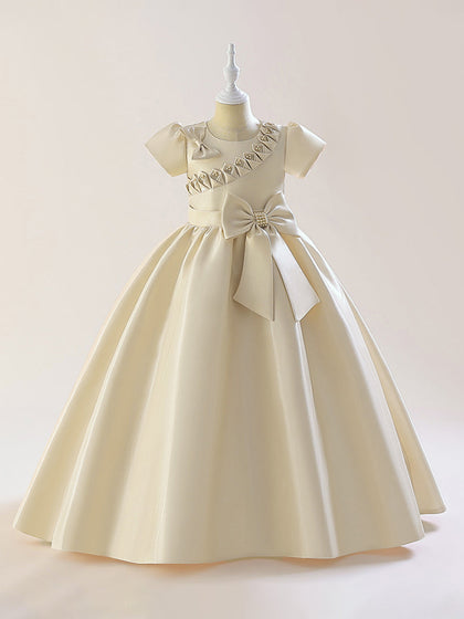 Robe Princesse Col Rond Manches Bouffantes pour Petite Fille d'Honneur avec Nœud