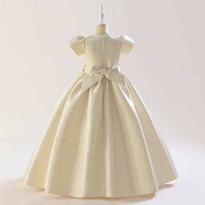 Robe Princesse Col Rond Manches Bouffantes pour Petite Fille d'Honneur avec Nœud