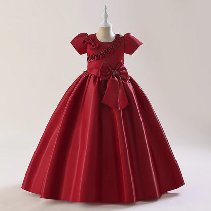 Robe Princesse Col Rond Manches Bouffantes pour Petite Fille d'Honneur avec Nœud